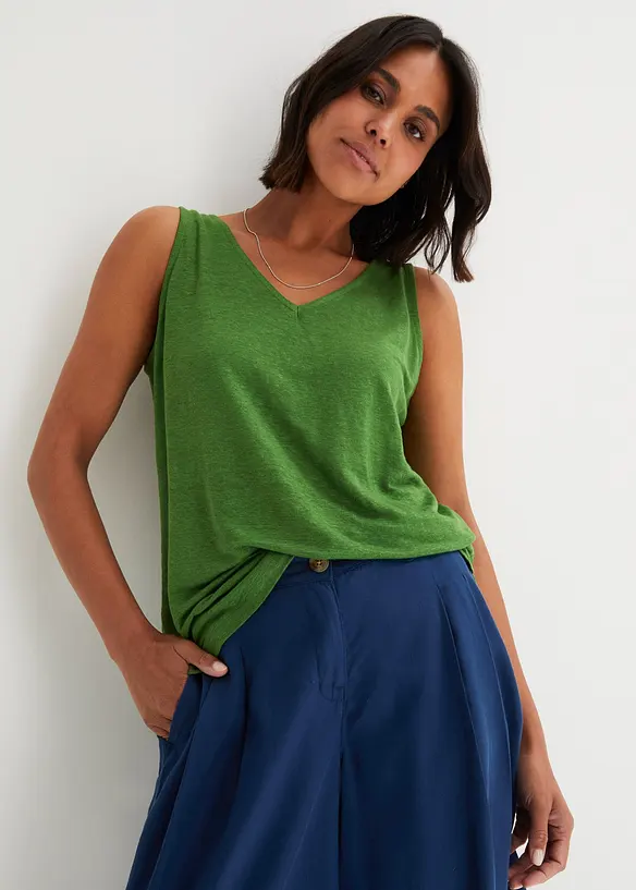 Tanktop aus reinem Leinen in grün von vorne (im Anschnitt) - bonprix