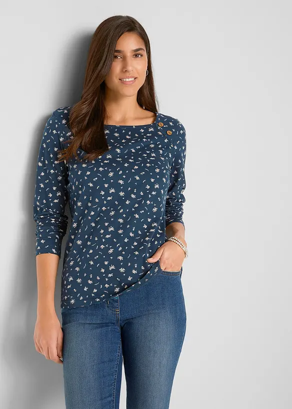 Langarmshirt, bedruckt in blau von vorne (im Anschnitt) - bonprix