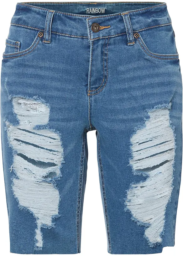 Jeans-Bermuda mit Destroy-Effekten in blau von vorne - RAINBOW