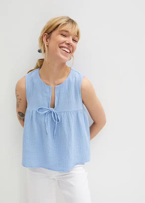 Musselin-Blusentop in blau von vorne (im Anschnitt) - bonprix