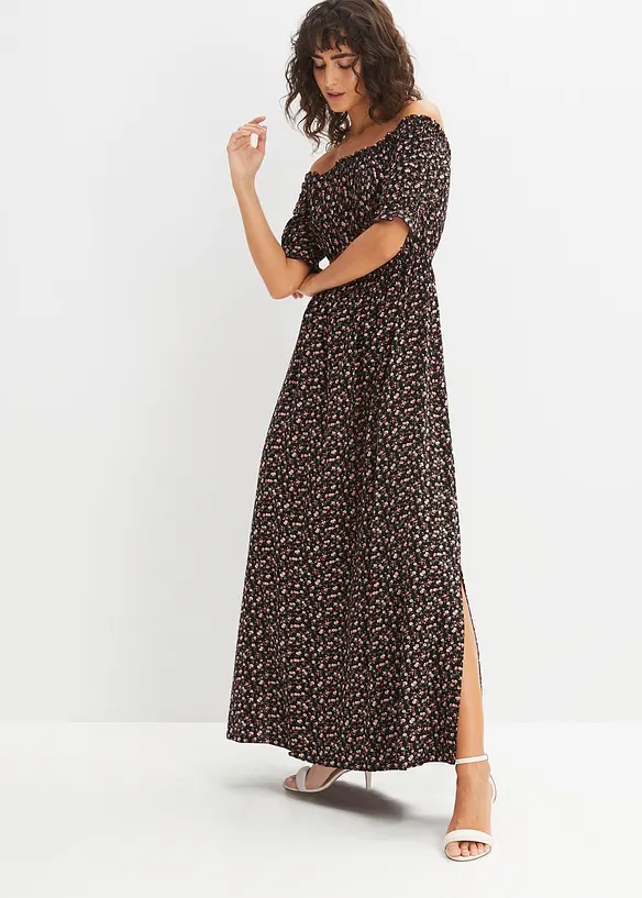 Carmen-Kleid aus reiner Viskose in schwarz von vorne (Totalaufnahme) - bonprix Carmen-Kleid aus reiner Viskose in schwarz von vorne (Totalaufnahme) - bonprix