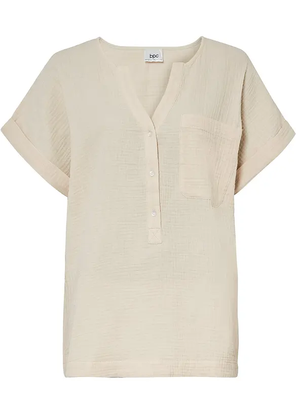 Musselin-Kurzarmbluse aus reiner Baumwolle in beige von vorne - bonprix