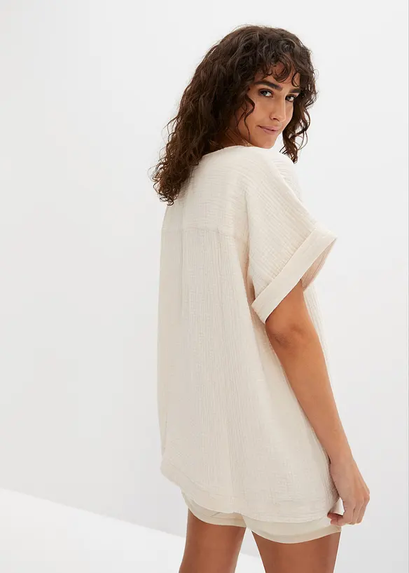 Musselin-Kurzarmbluse aus reiner Baumwolle in beige von hinten (im Anschnitt) - bonprix