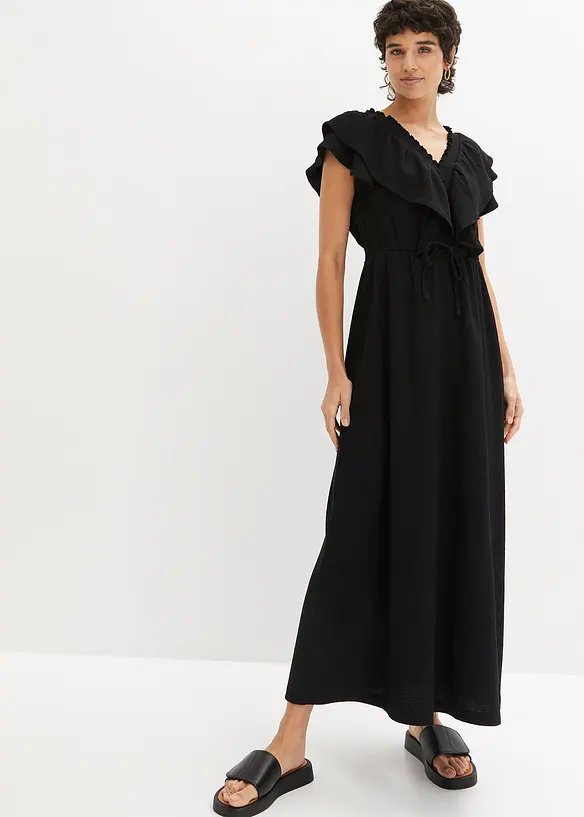 Maxikleid mit Volant in schwarz von vorne (Totalaufnahme) - bonprix