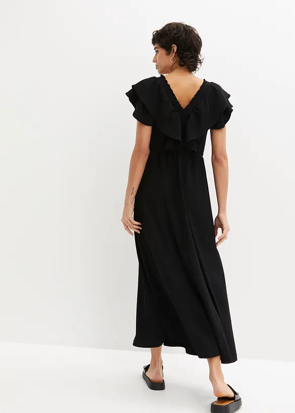 Maxikleid mit Volant in schwarz von hinten (Totalaufnahme) - bonprix