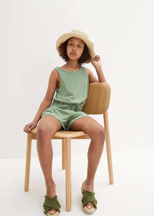 Jersey-Jumpsuit aus reiner Baumwolle in grün von vorne (Totalaufnahme) - bonprix