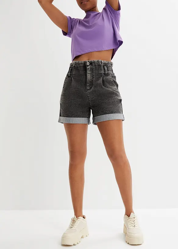 Paperbag Jeans-Shorts in schwarz von vorne - bonprix