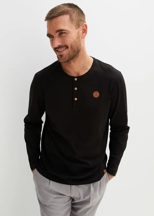 Langarm-Henleyshirt aus reiner Bio-Baumwolle (2er Pack) in schwarz von vorne (im Anschnitt) - bonprix
