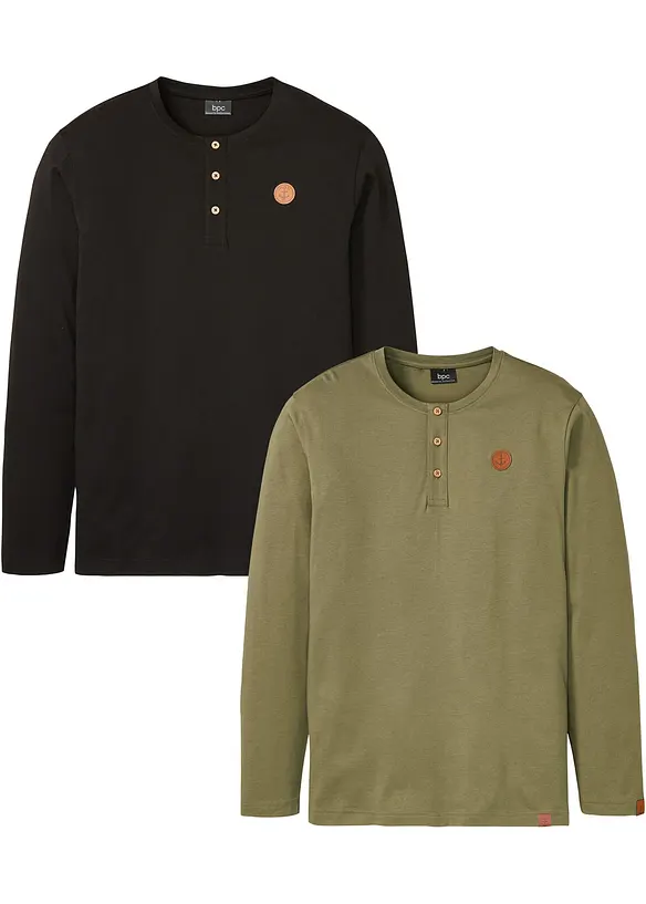 Langarm-Henleyshirt aus reiner Bio-Baumwolle (2er Pack) in schwarz von vorne - bonprix