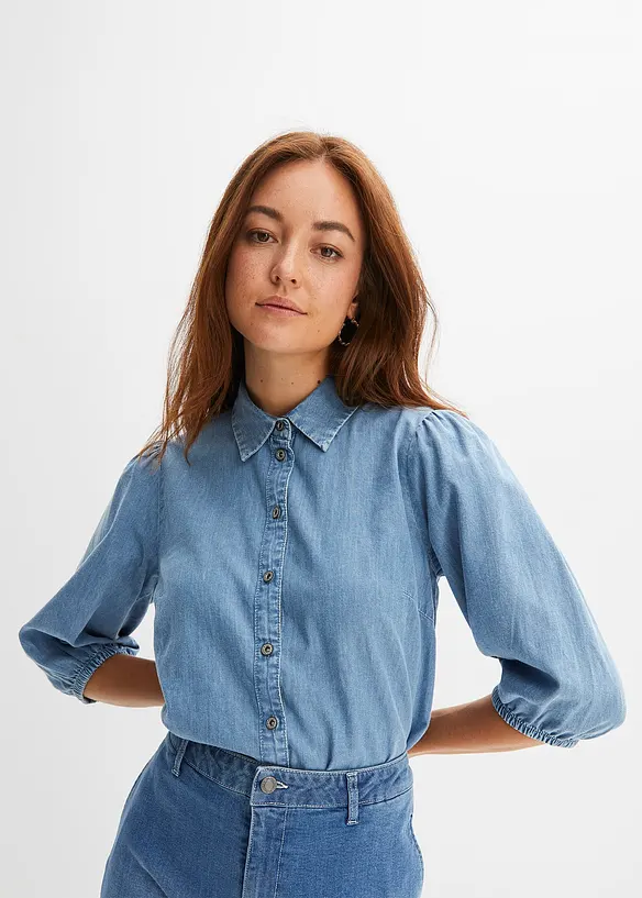 Jeansbluse mit Puffärmeln aus Bio-Baumwolle in blau von vorne (im Anschnitt) - bonprix