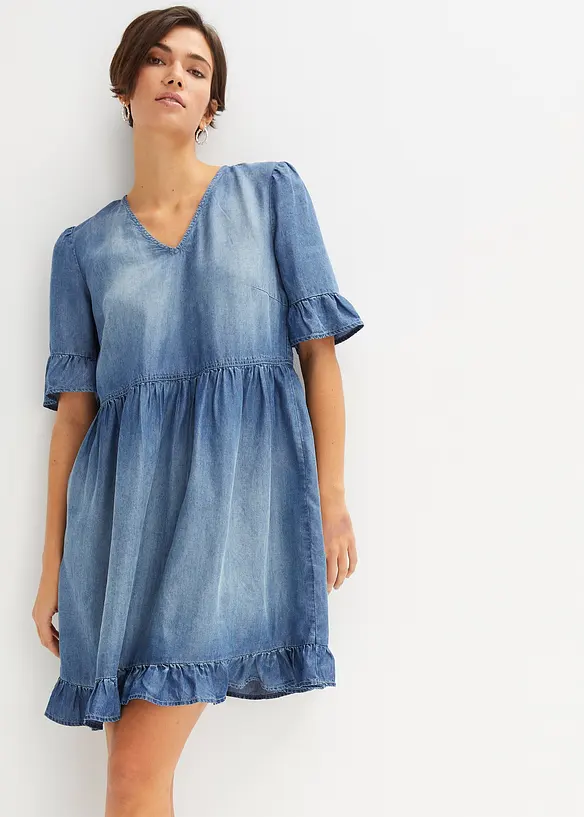 Jeanskleid mit Volants in blau von vorne (Totalaufnahme) - bonprix