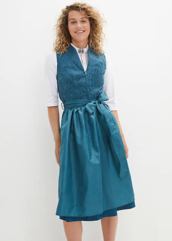 Dirndl mit Jacquardmuster und Schürze in Midilänge (2-tlg.Set) in petrol von vorne (Totalaufnahme) - bonprix