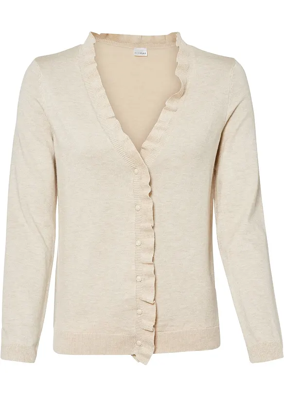 Strickjacke mit Rüschenkragen in beige von vorne - BODYFLIRT