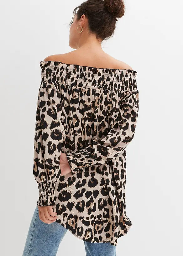 Carmenbluse aus leichtem Crêpe in beige von hinten (im Anschnitt) - bonprix