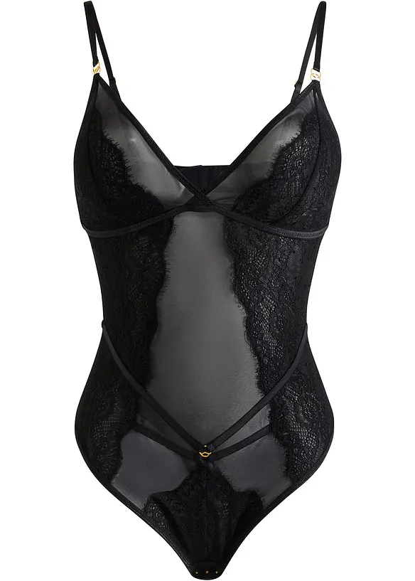 Stringbody mit feiner Spitze in schwarz von vorne - bonprix