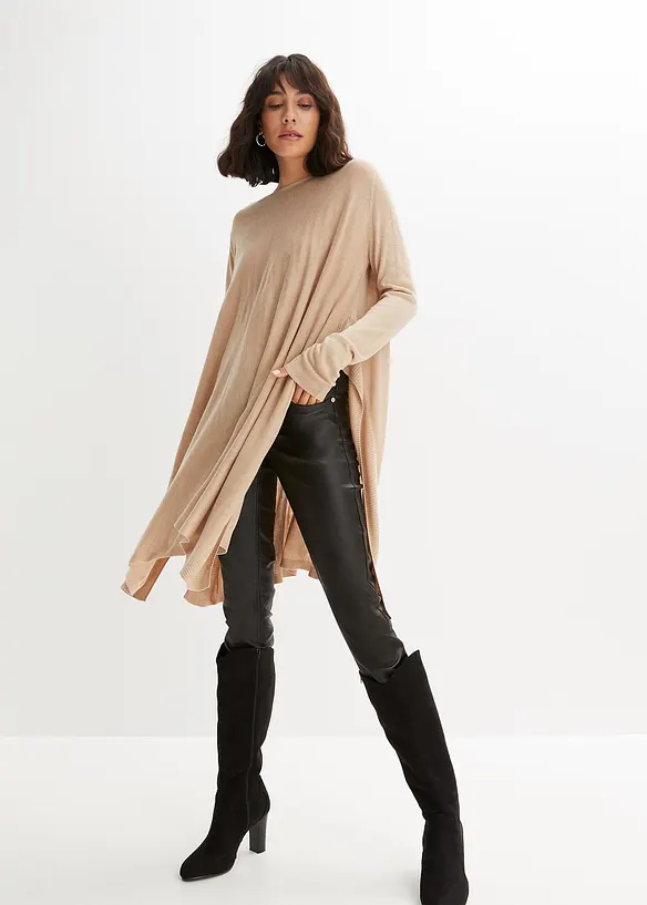 Long-Pullover aus Viskose-Mix in beige von vorne (im Anschnitt) - bonprix