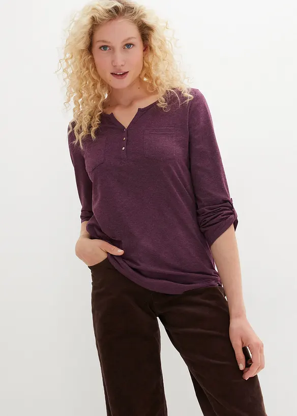 Baumwoll-Henleyshirt mit Knopfleiste in lila von vorne (im Anschnitt) - bonprix