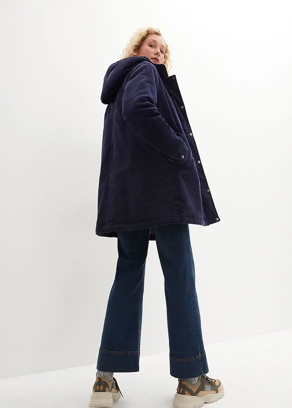 Warmer Cord-Parka mit Teddy-Futter in der Kapuze, in A-Linie in blau von hinten (im Anschnitt) - bonprix