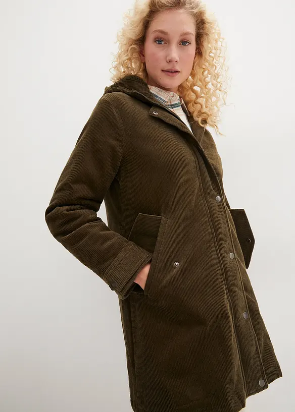 Warmer Cord-Parka mit Teddy-Futter in der Kapuze, in A-Linie in grün von vorne (im Anschnitt) - bonprix