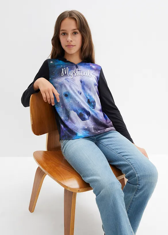 Mädchen Kapuzen-Langarmshirt mit Fotodruck in schwarz von vorne (im Anschnitt) - bonprix Mädchen Kapuzen-Langarmshirt mit Fotodruck in schwarz von vorne (im Anschnitt) - bonprix