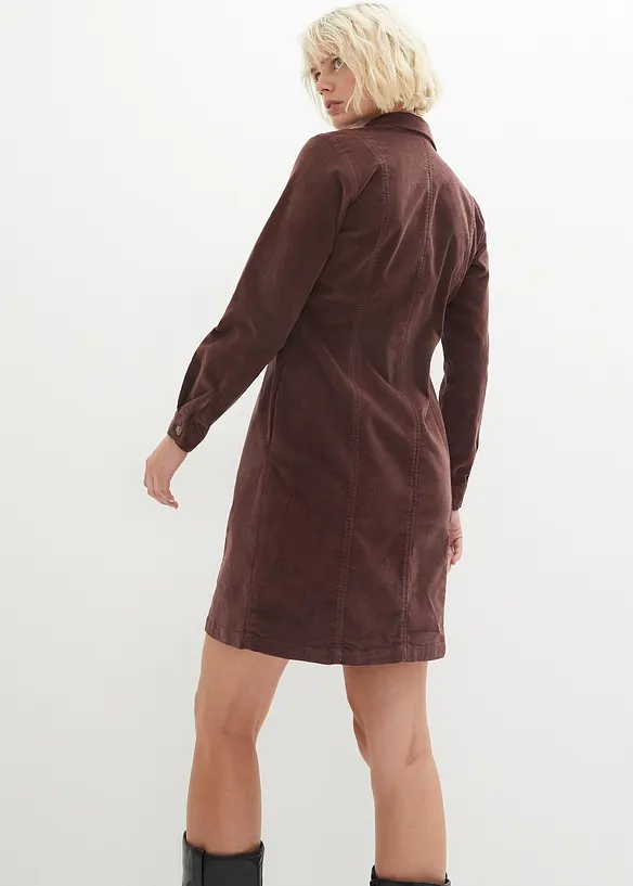 Cord-Hemdblusenkleid aus elastischem Baumwoll-Mix in braun von hinten (Totalaufnahme) - bonprix