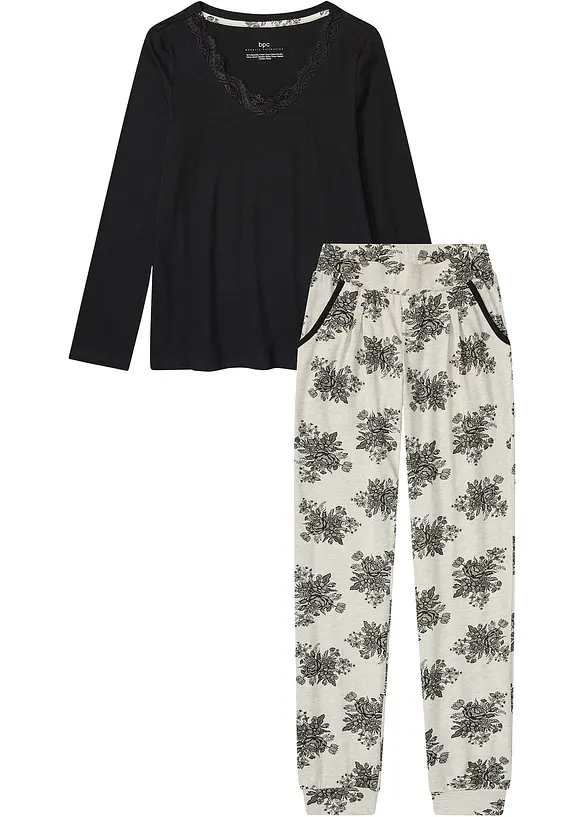 Pyjama mit dezenter Spitze in schwarz von vorne - bonprix