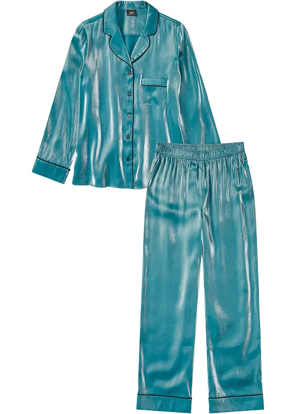 Pyjama aus Satin mit Glanzeffekt in petrol von vorne - bpc bonprix collection