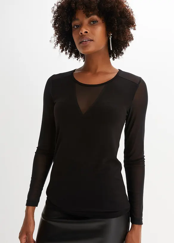 Figurbetontes Langarmshirt in schwarz von vorne (im Anschnitt) - bonprix Figurbetontes Langarmshirt in schwarz von vorne (im Anschnitt) - bonprix