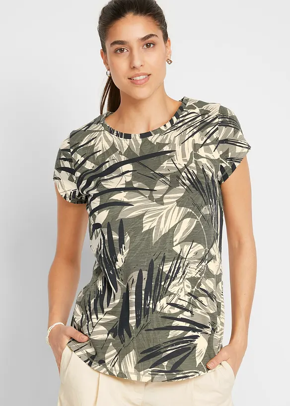 Baumwoll-Shirt, bedruckt, Mini-Arm in grün von vorne (im Anschnitt) - bonprix Baumwoll-Shirt, bedruckt, Mini-Arm in grün von vorne (im Anschnitt) - bonprix