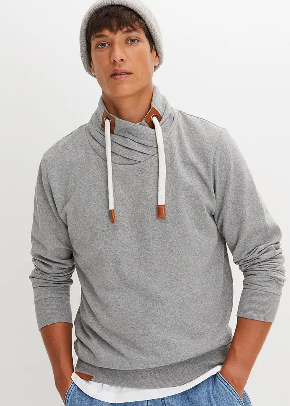 Schalkragen-Sweatshirt mit Lederimitat Details in grau von vorne (im Anschnitt) - bonprix