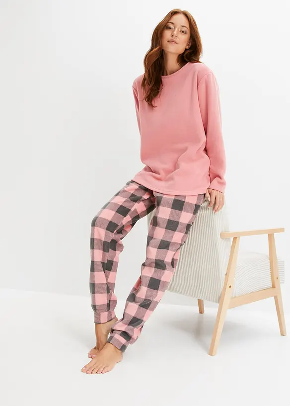 Loungewear Hausanzug aus Fleece in rosa von vorne (Totalaufnahme) - bonprix