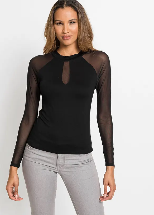 Langarmshirt aus softem Viskose-Mis in schwarz von vorne (im Anschnitt) - bonprix