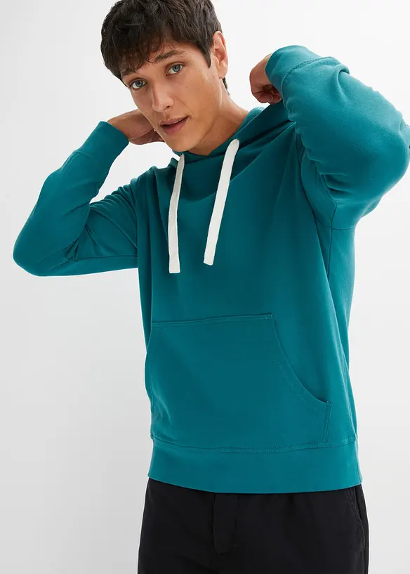 Hoodie aus reiner Baumwolle in petrol von vorne (im Anschnitt) - bonprix