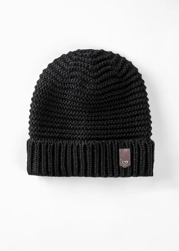 gestrickte Mütze mit Applikation in schwarz von vorne - bonprix