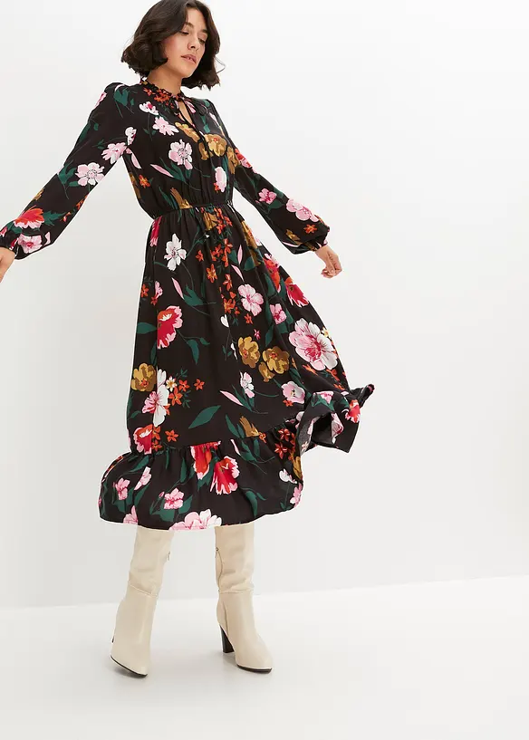 Midikleid aus fließender Viskose in schwarz von vorne (Totalaufnahme) - bonprix