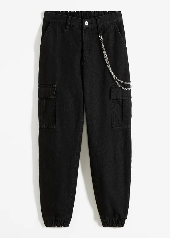 Cargo-Jeans mit Kettendetail in schwarz von vorne - bonprix