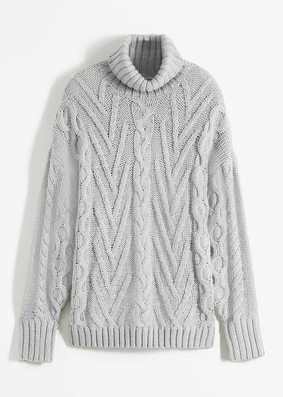 Rollkragen-Pullover mit Zopfmuster in grau von vorne - bonprix