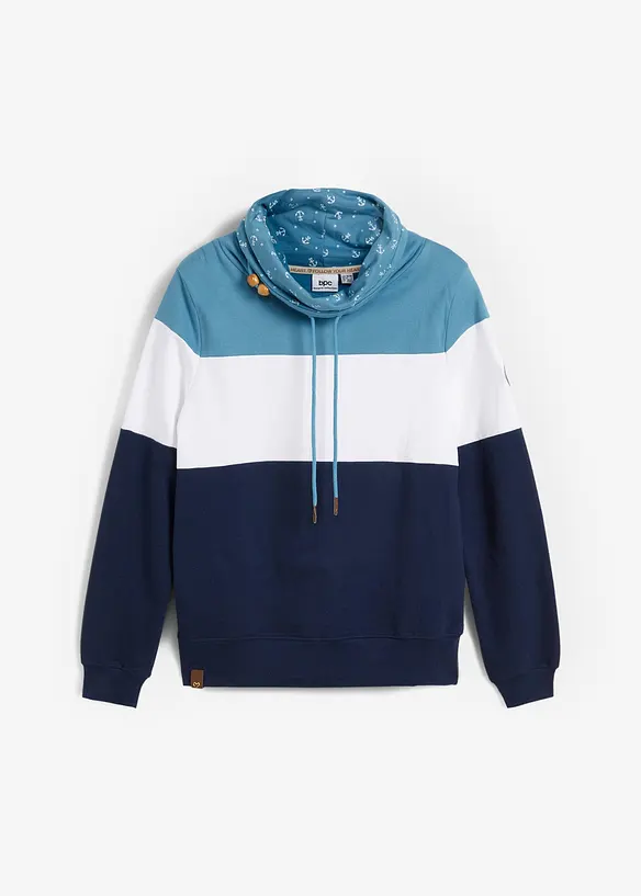Sweatshirt mit bedrucktem Kragen aus reiner Baumwolle in blau von vorne - bonprix