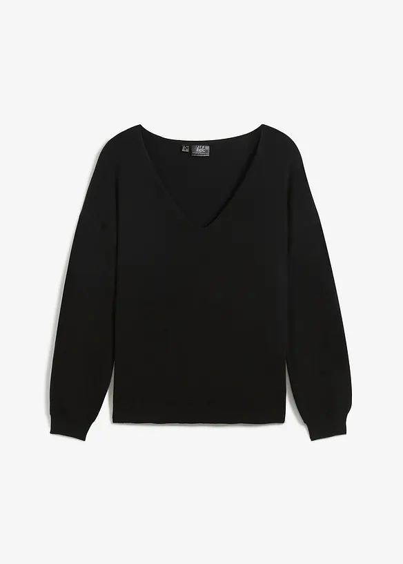 Oversize-Pullover mit tiefem V-Ausschnitt in schwarz von vorne - bonprix