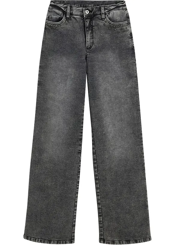 Wide-Leg-Jeans, High Waist mit Nietenbesatz in grau von vorne - bonprix