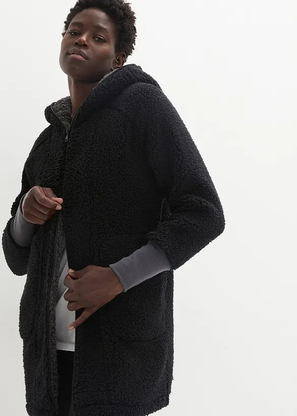 Teddy-Fleece Jacke in schwarz von vorne (im Anschnitt) - bonprix