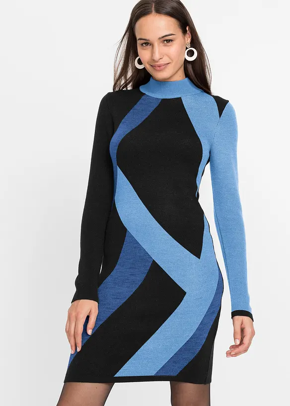 Jacquard-Strickkleid mit modernen Streifen in blau von vorne (Totalaufnahme) - bonprix
