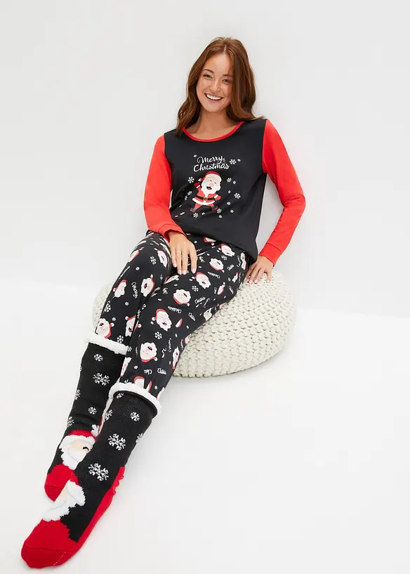 Pyjama aus reiner Baumwolle in schwarz von vorne (Totalaufnahme) - bonprix