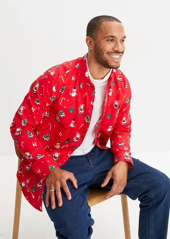 Langarmhemd mit Weihnachtsmotiv aus reiner Baumwolle in rot von vorne (im Anschnitt) - bonprix