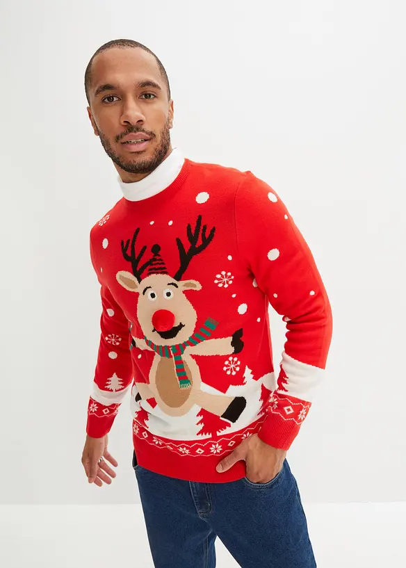 Feinstrickpullover mit Weihnachtsmotiv in rot von vorne (im Anschnitt) - bonprix