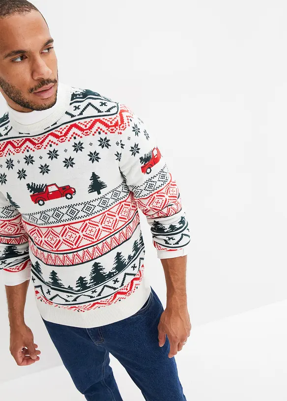 Feinstrickpullover mit Weihnachtsmotiv in weiß von vorne (im Anschnitt) - bonprix