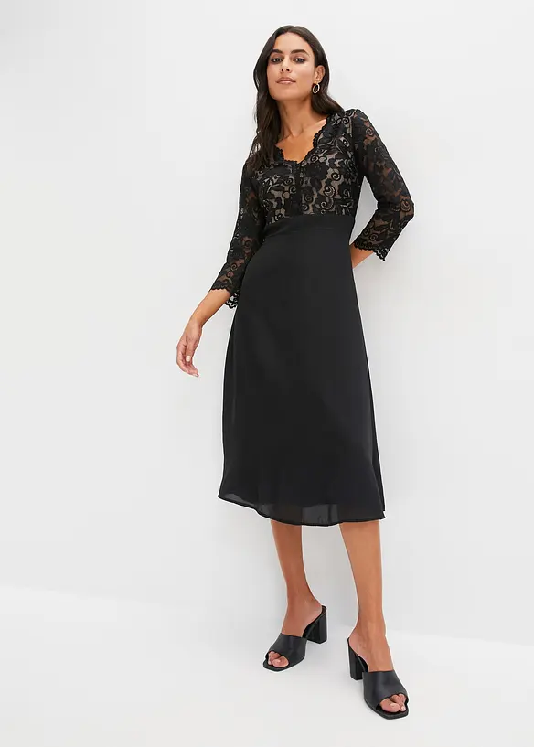 Chiffonkleid mit Spitze in schwarz von vorne (Totalaufnahme) - bonprix Chiffonkleid mit Spitze in schwarz von vorne (Totalaufnahme) - bonprix