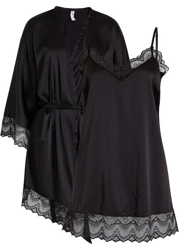 Morgenmantel-Set: Kimono + Negligé (2-tlg. Set) in schwarz von vorne - bonprix
