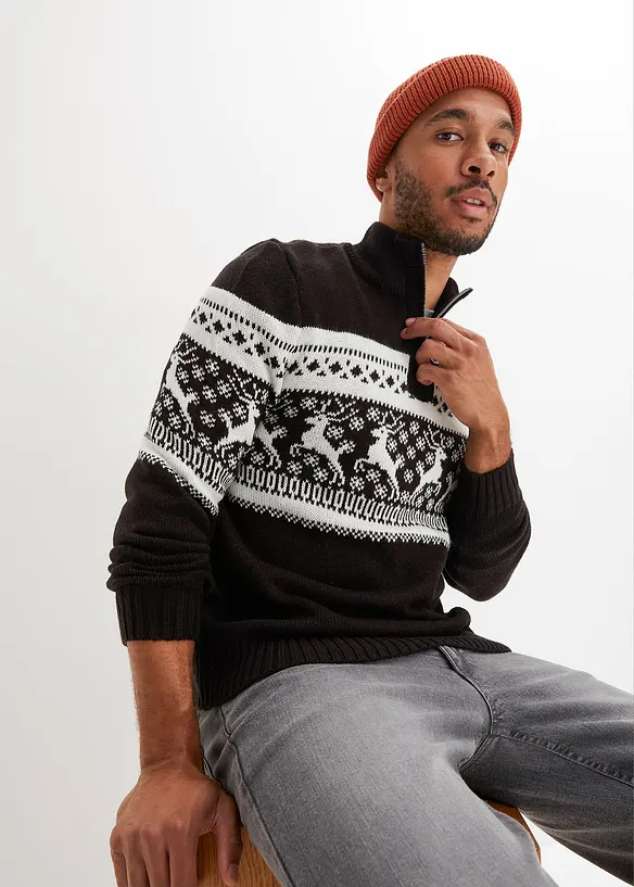 Norweger-Pullover in Regular Fit in schwarz von vorne (im Anschnitt) - bonprix