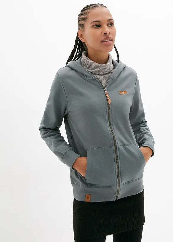 Kapuzen-Sweatjacke aus reiner Baumwolle in grün von vorne (im Anschnitt) - bonprix